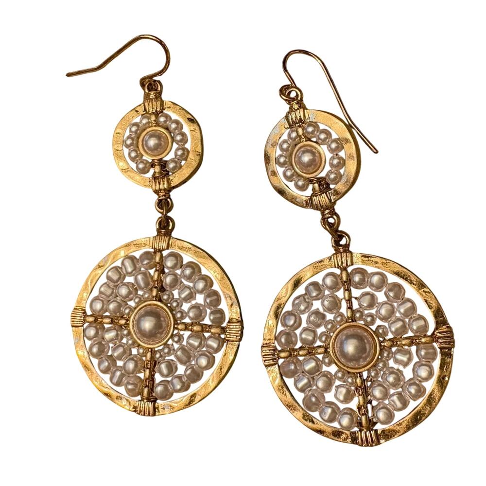 Park Lane Gold Pearl Medallion Dangle Earring Bohemian Grecian Summer